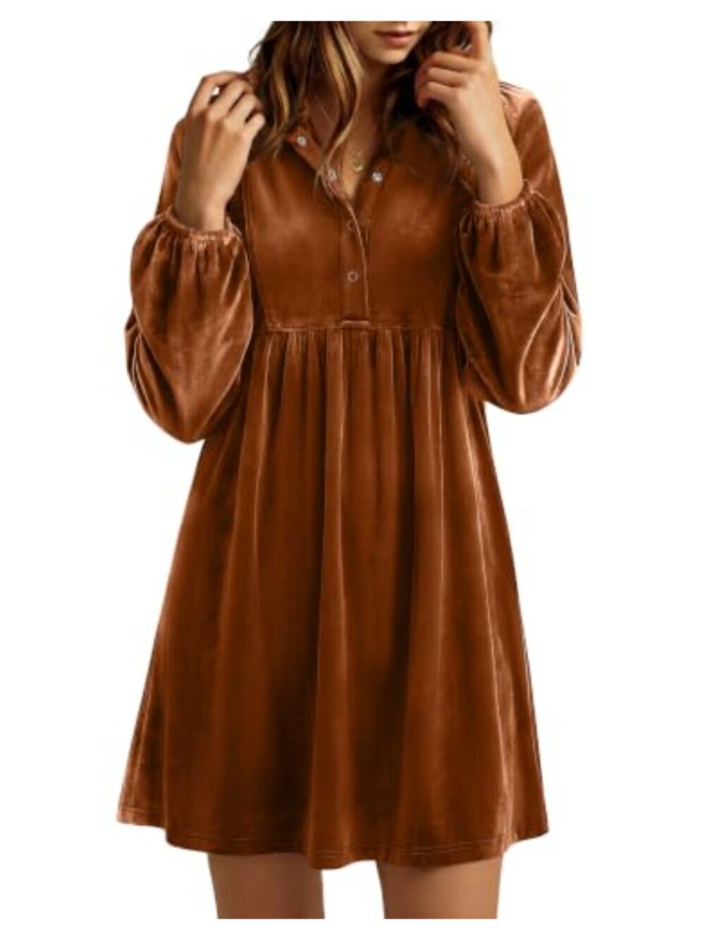 Velvet Babydoll Mini Dress Long Sleeve Button Up Pockets